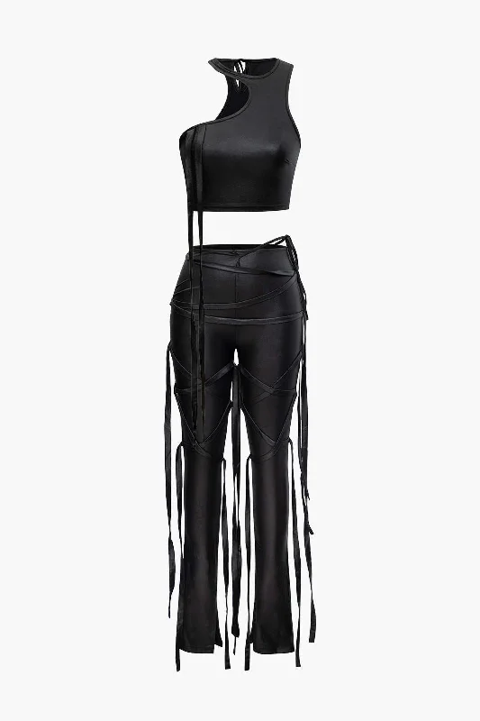 Everything Must Go!Faux Leather One Shoulder Tank Top And Fringe Skinny Pants Set