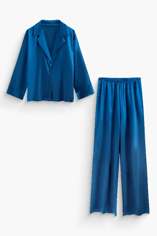 Best Deals Just for You!Solid Satin V-neck Button Up Shirt And Straight Leg Pants Set Best Deals Just for You!Solid Satin V-neck Button Up Shirt And Straight Leg Pants Set