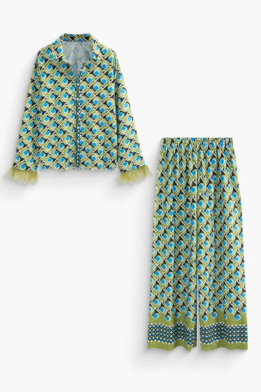 Your Discount is Waiting!Geometric Print Fringe Cuff Shirt And Straight Leg Pants Set Your Discount is Waiting!Geometric Print Fringe Cuff Shirt And Straight Leg Pants Set