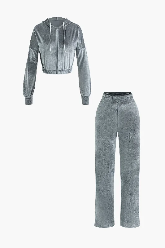 Save Like Never Before!Velvet Zip Up Hooded Top And High Waist Pants Set