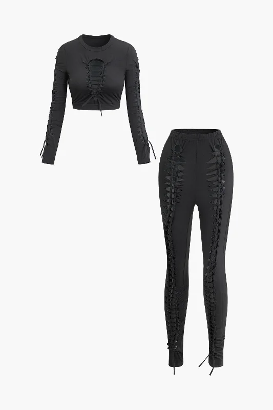 Stock Up and Save!Braided Cut Out Round Neck Long Sleeve Top And Pants Set