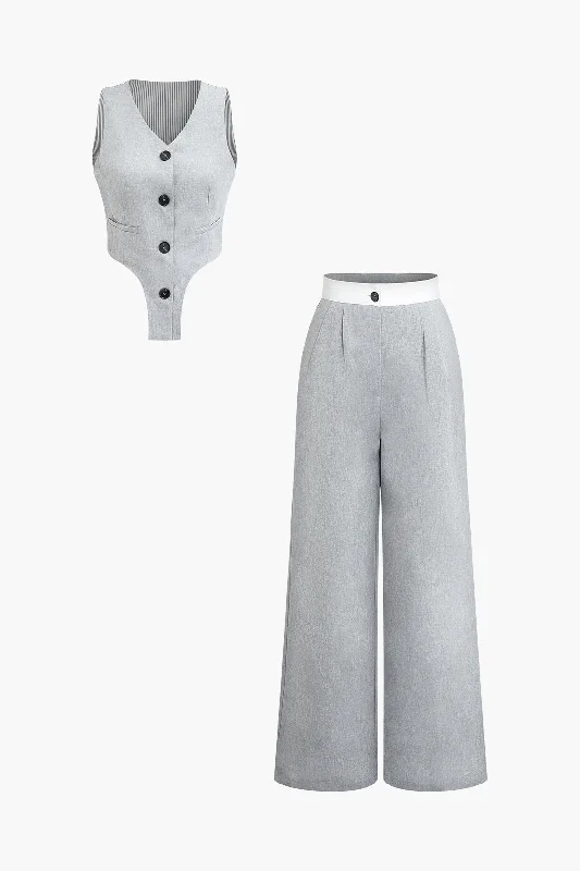 Unlock Huge Savings Now!Contrast Pinstripe V-Neck Button Up Vest And High Waist Wide Leg Pants Set Unlock Huge Savings Now!Contrast Pinstripe V-Neck Button Up Vest And High Waist Wide Leg Pants Set