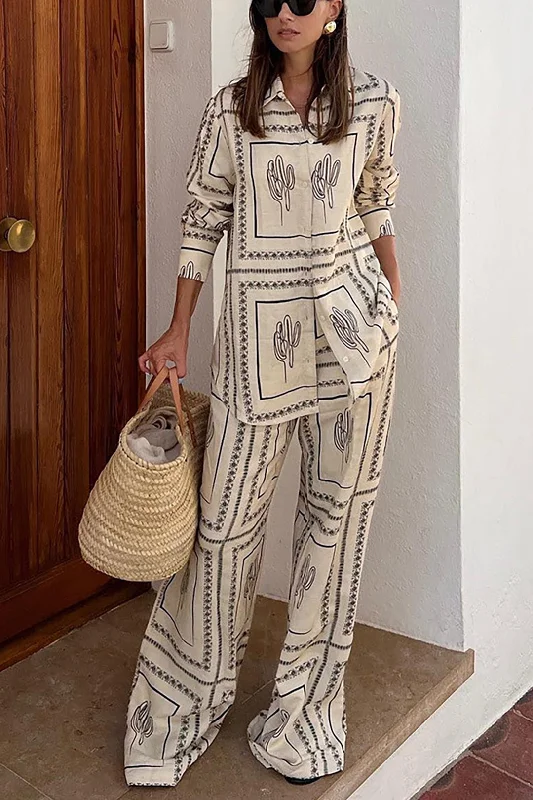 Hot Deals You Can’t Resist!Abstract Print Blouse And High Waist Wide Leg Pants