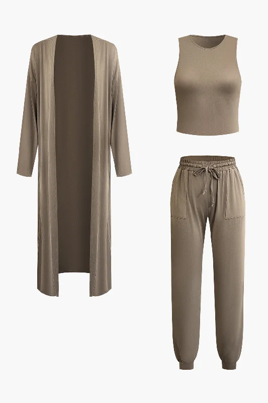 Unbeatable Prices!Solid Round Neck Tank Top And Drawstring Cuffed Leg Pants And Long Sleeve Coat Set Unbeatable Prices!Solid Round Neck Tank Top And Drawstring Cuffed Leg Pants And Long Sleeve Coat Set