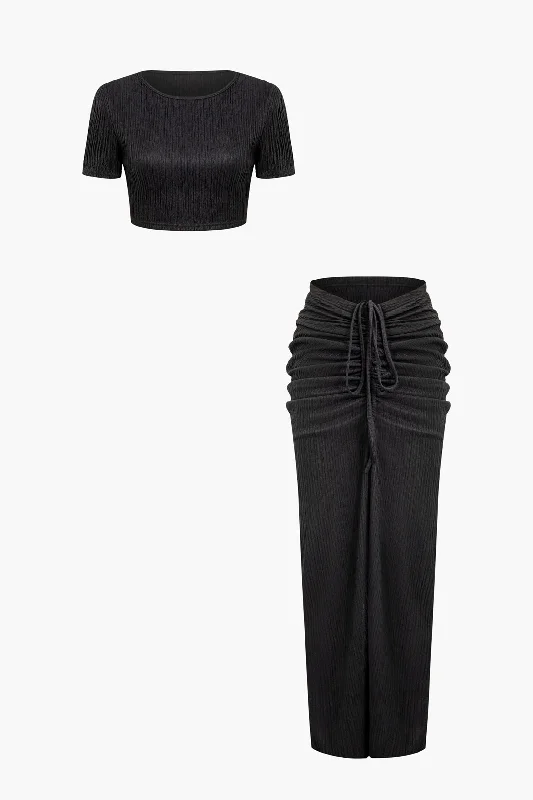 Unlock Huge Savings Now!Solid Crop T-shirt And Ruched Drawstring Split Maxi Skirt Set