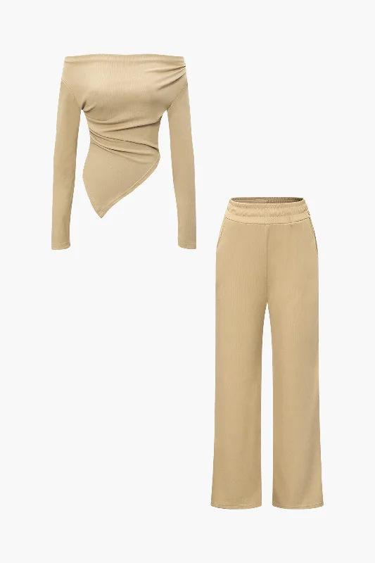 Score Huge Discounts Today!Off Shoulder Ruched Asymmetric Top And Straight Leg Pants Set Score Huge Discounts Today!Off Shoulder Ruched Asymmetric Top And Straight Leg Pants Set
