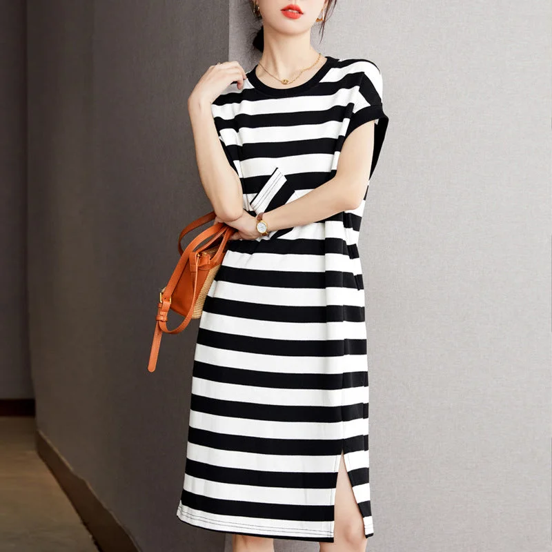 Shop Early, Save Big!NiDELL Women's Knitted Black and White Striped Dress . Summer New Casual Mid-Length Short Sleeve T-shirt Skirt Overknee Skirt