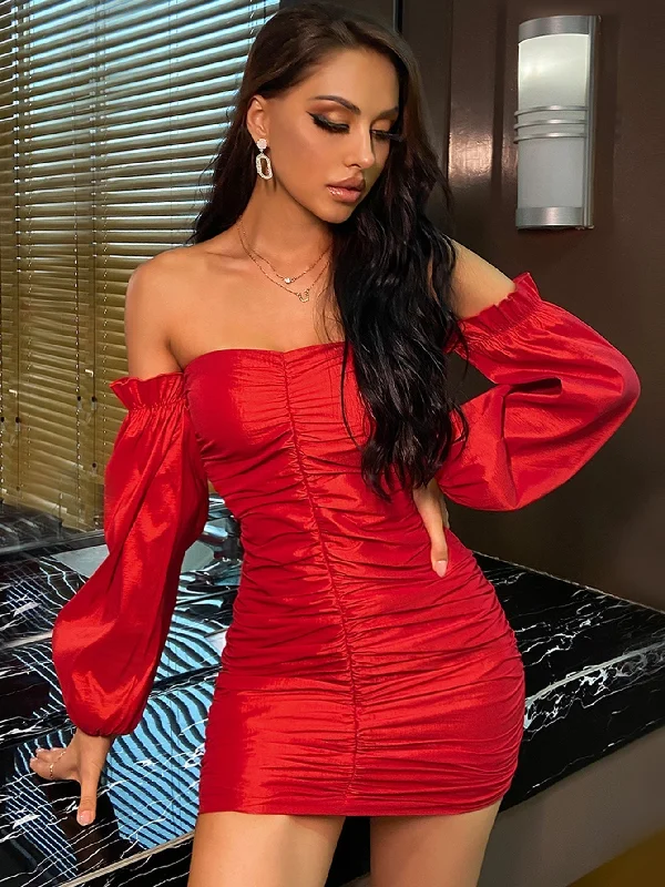 Get Ready to Save!KittenAlarm - Off Shoulder puff sleeve Ruched Bodycon sexy party Dress Get Ready to Save!KittenAlarm - Off Shoulder puff sleeve Ruched Bodycon sexy party Dress