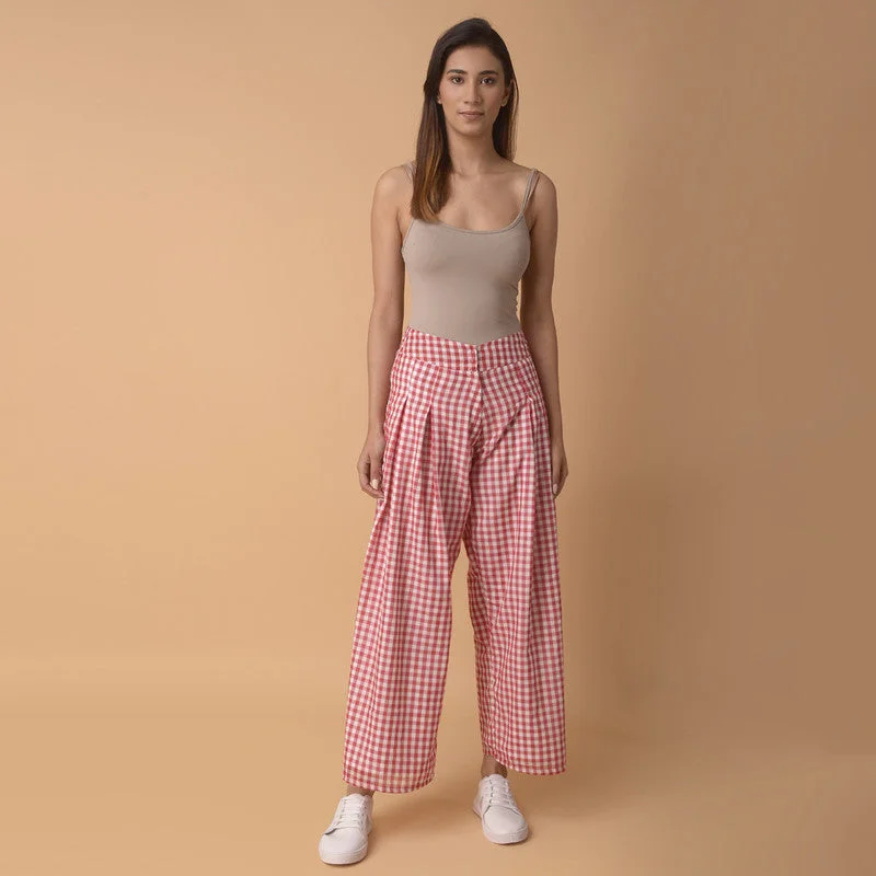 Huge Price Cuts Await!Cotton Pleated Pants for Women | Checkered | White & Red