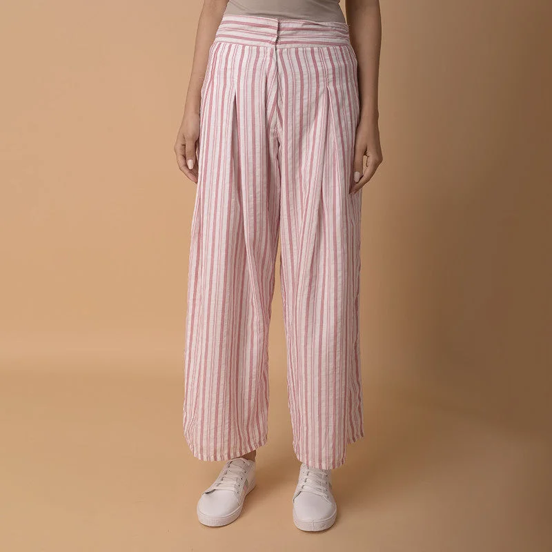 Buy One, Get One Free!Cotton Pleated Pants for Women | Striped | White & Red