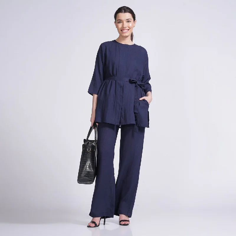 Score Big Savings Today!Linen Co-Ord Set for Women | Shirt & Pants | Navy Blue