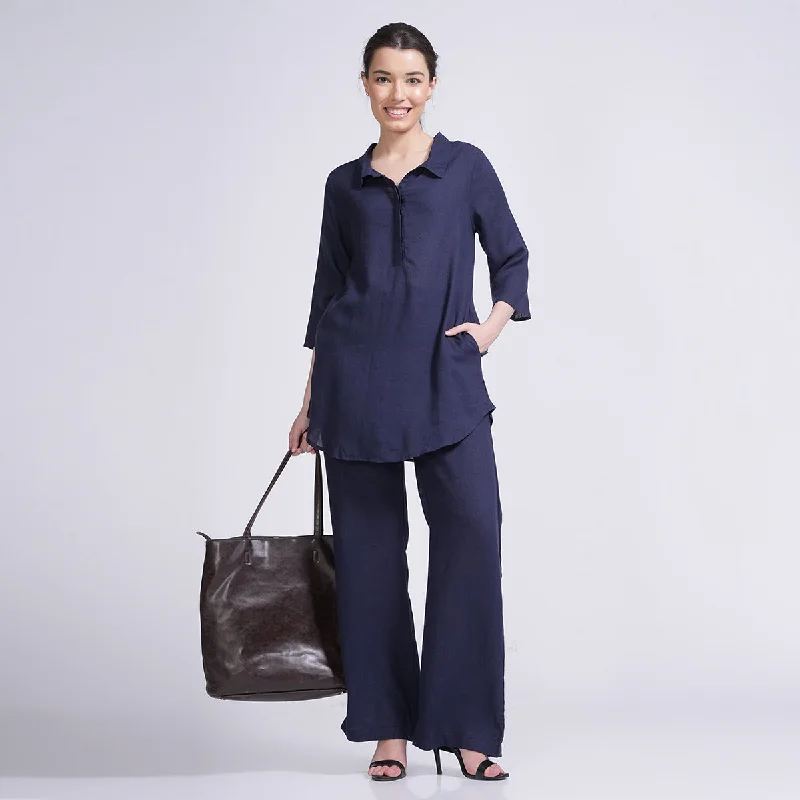 Buy More, Save More!Linen Co-Ord Set for Women | Tunic Top & Pants | Navy Blue