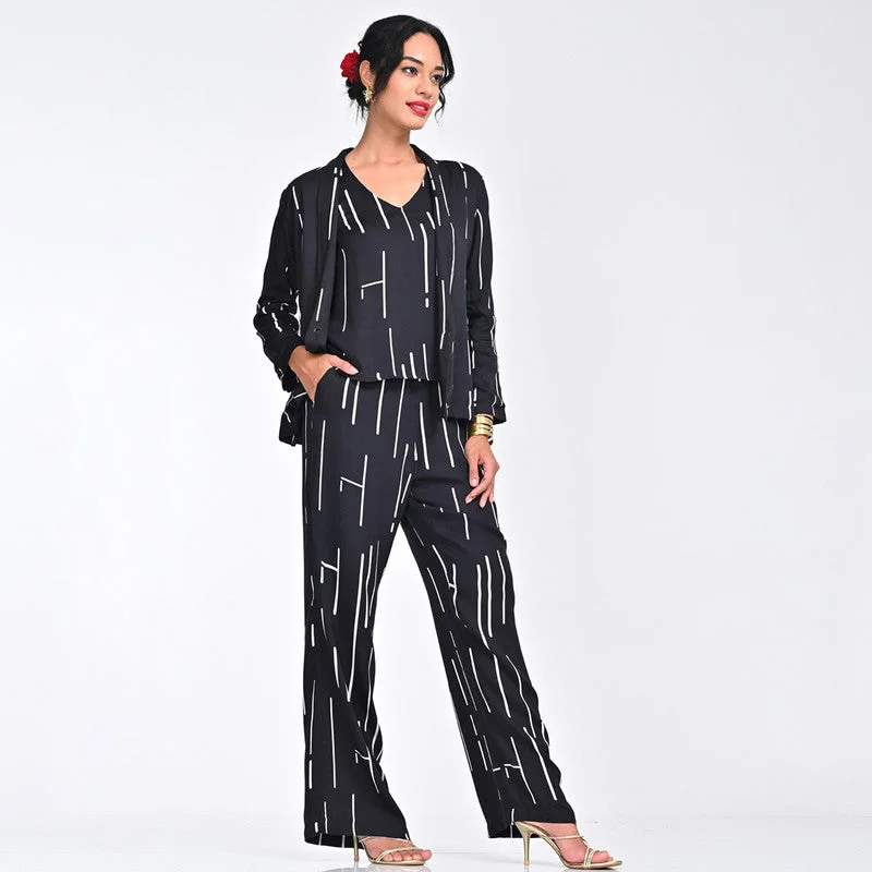 Save Money, Shop Happy!Modal Printed Co Ord Set For Women | Blazer, Top & Pant | Shawl Collar | Black