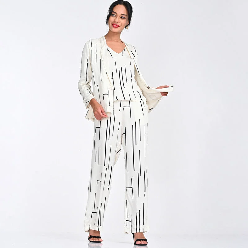 Don’t Wait – Shop Today!Modal Printed Co Ord Set For Women | Blazer, Top & Pant | Shawl Collar | Off White