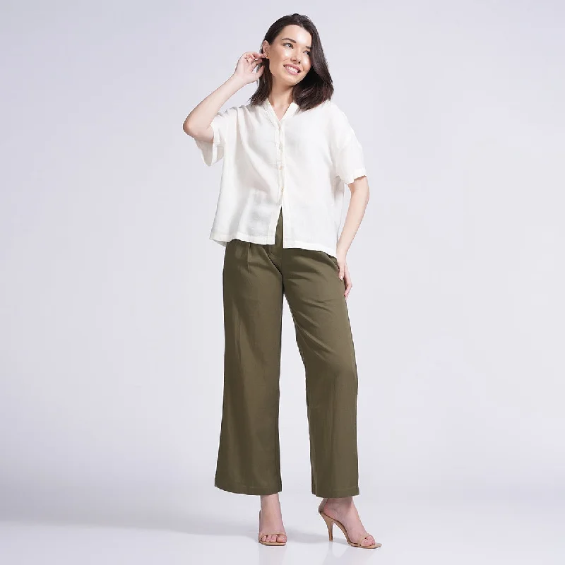 Limited Time Offer!Tencel & Linen Co-Ord Set for Women | Shirt & Pants | Cream & Olive Limited Time Offer!Tencel & Linen Co-Ord Set for Women | Shirt & Pants | Cream & Olive