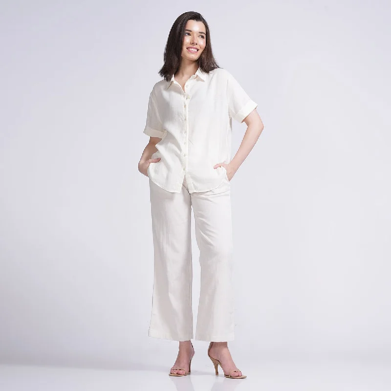 Steals and Deals Await!Tencel & Linen Co-Ord Set for Women | Shirt & Pants | Cream
