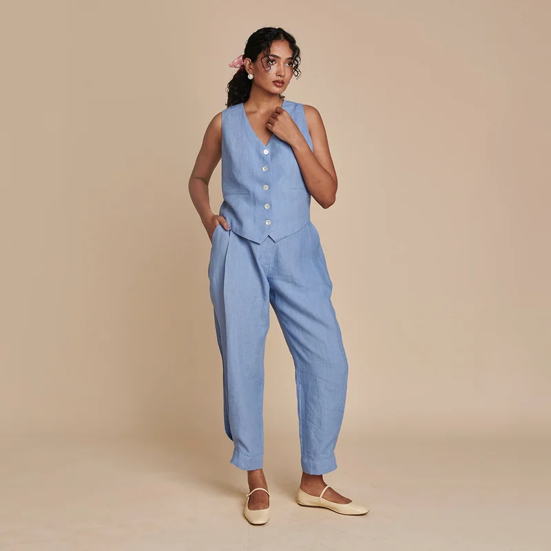 Save More with Every Purchase!Linen Blue Pants for Women | Side Pleated