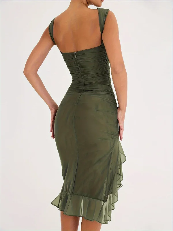 Shop Now and Save!Sixsr Backless Ruffle Hem Dress, Sexy Solid Bodycon Ruched Dress, Women's Clothing Shop Now and Save!Sixsr Backless Ruffle Hem Dress, Sexy Solid Bodycon Ruched Dress, Women's Clothing