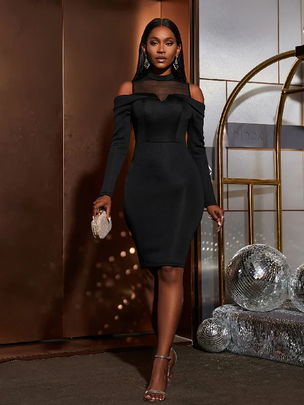 Exclusive Deals Just for You!Sixsr Contrast Mesh Mock Neck Bodycon Dress, Elegant Long Sleeve Dress For Party & Banquet, Women's Clothing Exclusive Deals Just for You!Sixsr Contrast Mesh Mock Neck Bodycon Dress, Elegant Long Sleeve Dress For Party & Banquet, Women's Clothing