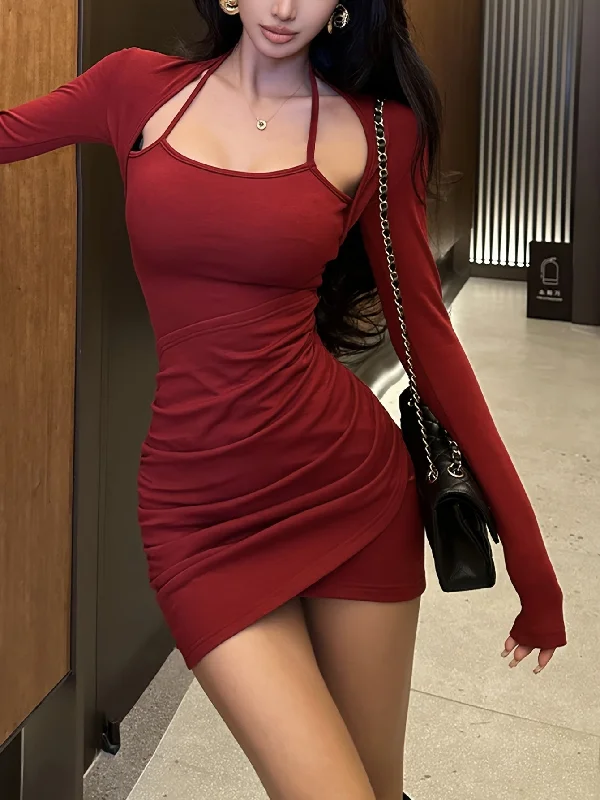 Exclusive Savings This Week!Sixsr Solid Splicing Ruched Slim Dress, Elegant Long Sleeve Bodycon Dress For Spring & Fall, Women's Clothing Exclusive Savings This Week!Sixsr Solid Splicing Ruched Slim Dress, Elegant Long Sleeve Bodycon Dress For Spring & Fall, Women's Clothing