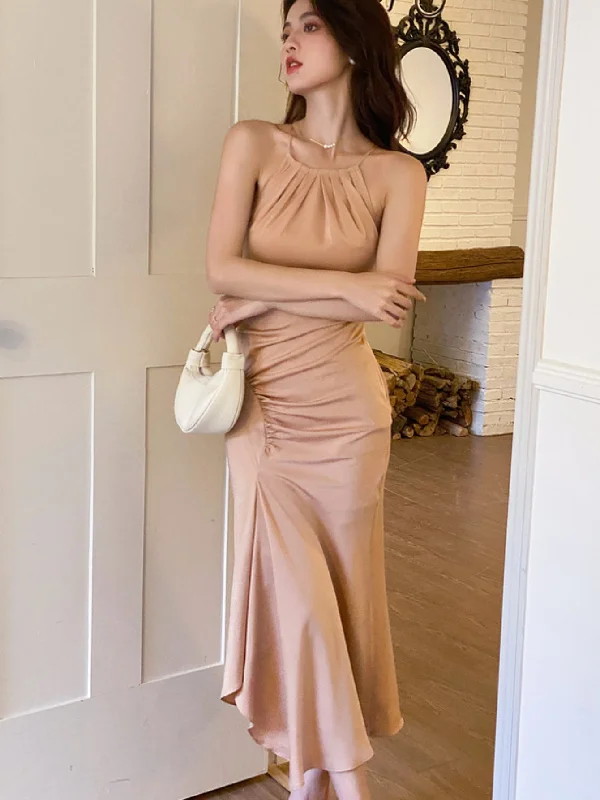 Everything Must Go!Solid Plicated Detail Mermaid Bodycon Dress, Elegant Sleeveless Asymmetric Ruffle Hem Dress, Women's Clothing Everything Must Go!Solid Plicated Detail Mermaid Bodycon Dress, Elegant Sleeveless Asymmetric Ruffle Hem Dress, Women's Clothing