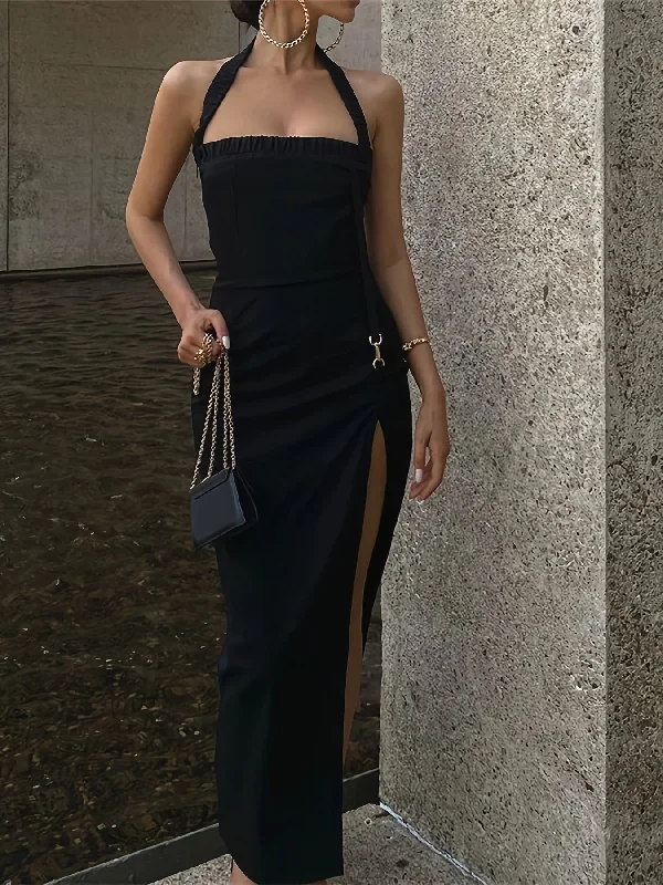 Limited-Time Price Drop!Solid Split Thigh Backless Halter Dress, Elegant Sleeveless Bodycon Dress, Women's Clothing Limited-Time Price Drop!Solid Split Thigh Backless Halter Dress, Elegant Sleeveless Bodycon Dress, Women's Clothing