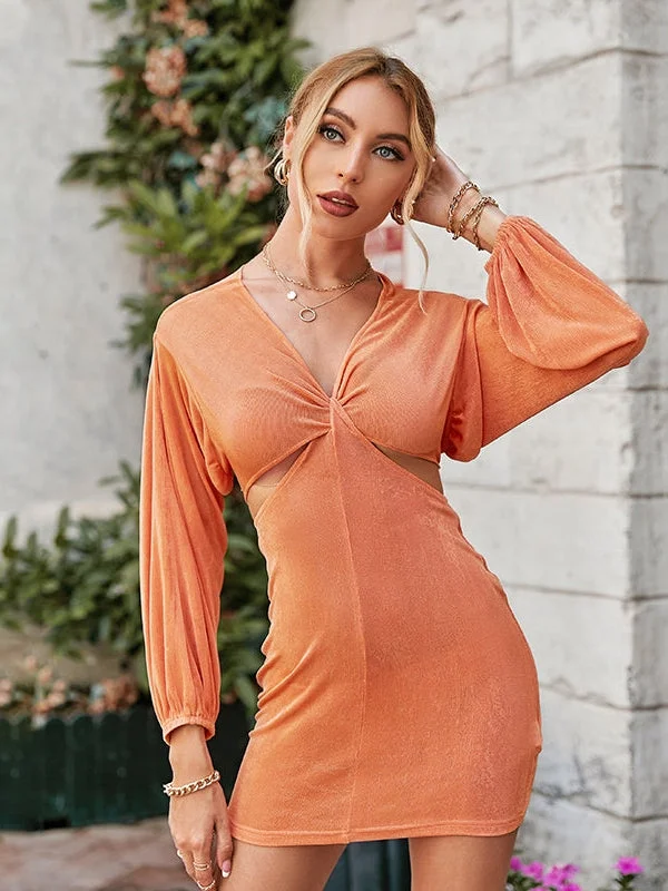 Buy More, Pay Less!V Neck Lantern Sleeve Short Bodycon Dress