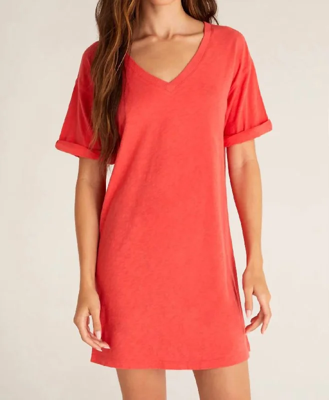 One Click Away from Big Savings!V-Neck T-Shirt Dress In Coral Red