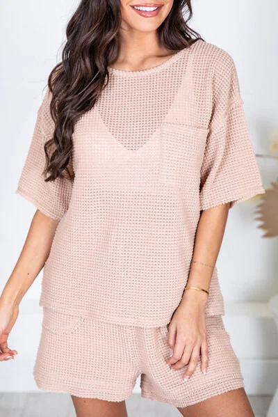 Instant Savings Await!Waffle-Knit Round Neck T-Shirt and Shorts Set