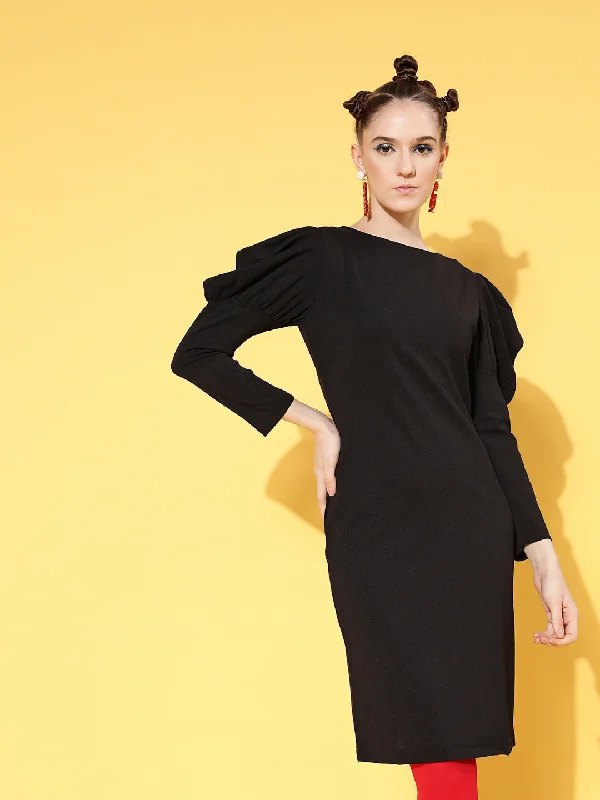 Exclusive Offers You’ll Love!Women Black Canton Puff Sleeves Mini Bodycon Dress