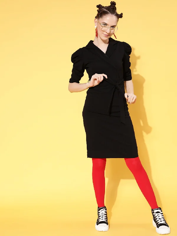 Your Favorite Sale is Back!Women Black Canton Wrap Midi Bodycon Dress