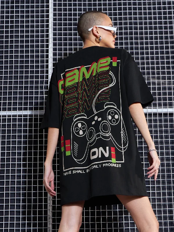 Price Drops You’ll Love!Women Black GAME ON Printed Oversized T-Shirt Dress