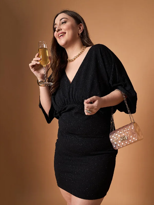 Your Chance to Save is Now!Women Black Glitter Bodycon Kimono Sleeves Dress