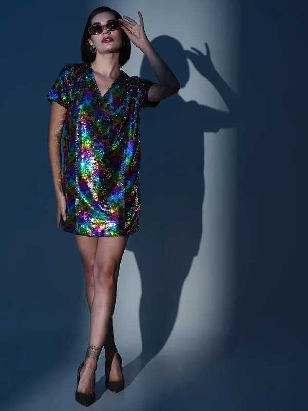 Buy More, Save More!Women Black Multi-Sequin V-Neck T-shirt Dress