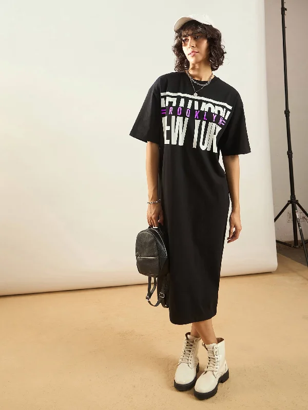 Get Ready to Save!Women Black NEW YORK Printed T-Shirt Dress