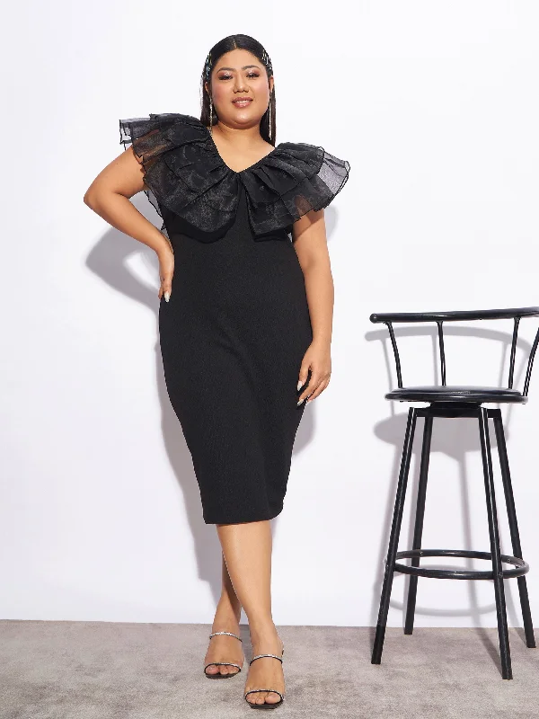 Save More Than Ever!Women Black Organza Frill Detail Bodycon Dress