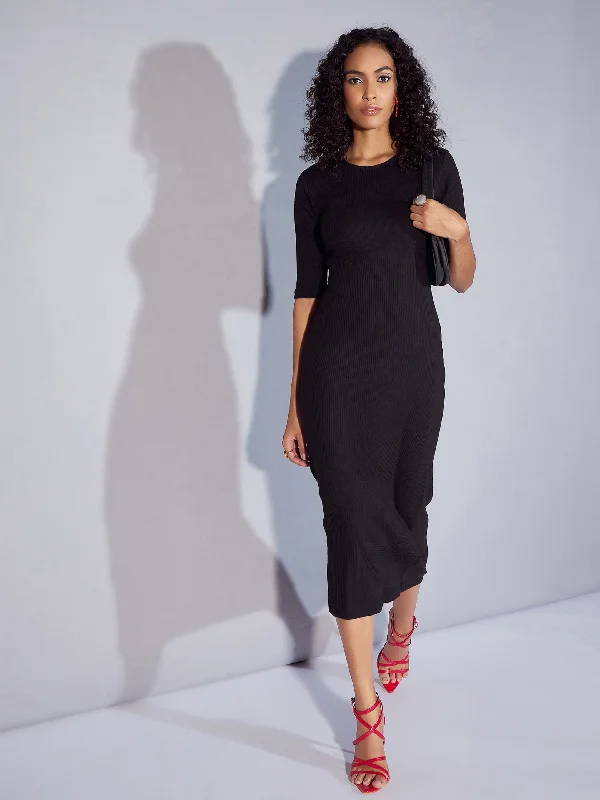 Flash Deals – Act Quickly!Women Black Rib Twisted Back Cut Out Bodycon Dress