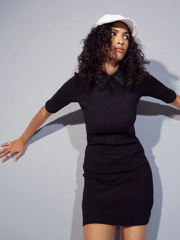 Your Exclusive Offer Awaits!Women Black Stand Up Collar Bodycon Rib Dress