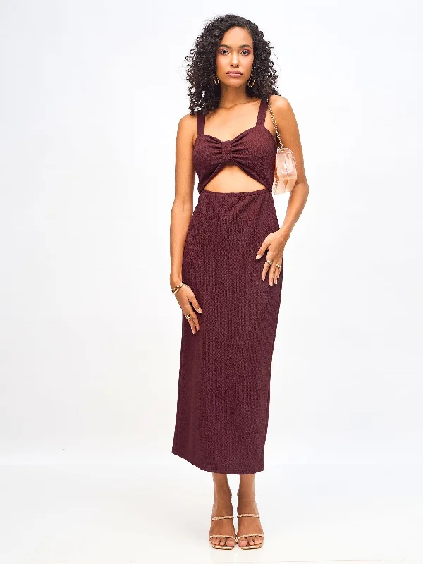 Limited Edition, Limited Price!Women Burgundy Waist Cut Out Bodycon Dress