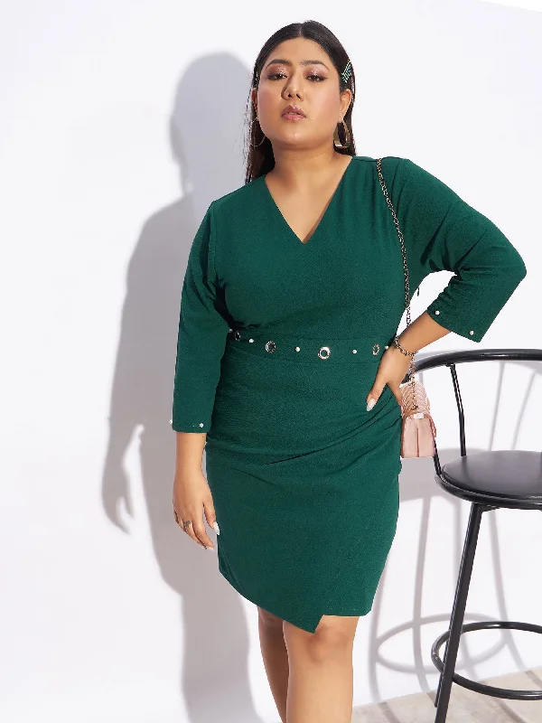 Incredible Savings Inside!Women Emerald Green Eyelet Detail Bodycon Dress