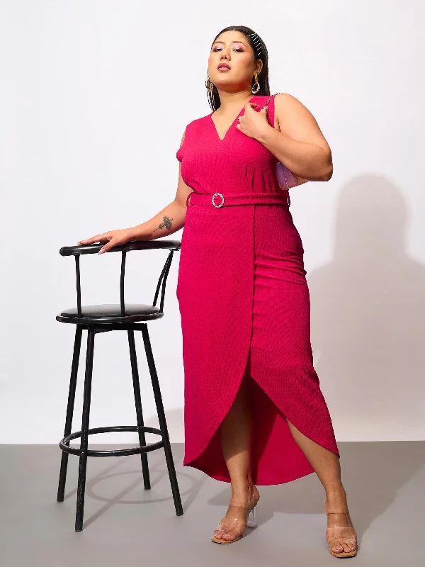 Best Price of the Season!Women Fuchsia Front Wrap Bodycon Dress
