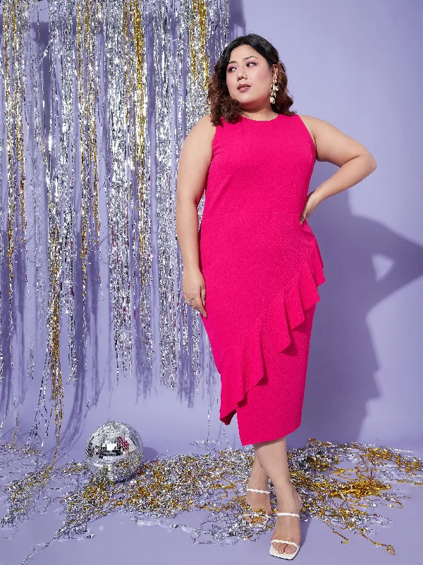 Shop More, Spend Less!Shop More, Spend Less!Women Fuchsia One Side Frill Bodycon Dress