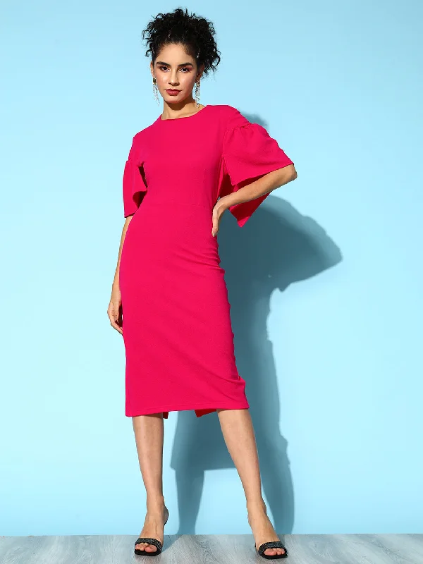 New Discounts Just Dropped!Women Fuchsia Frill Cape Bodycon Dress