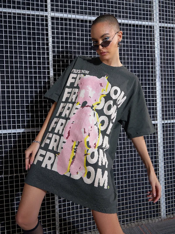 Must-Have Deals Inside!Women Grey FREEDOM Printed Oversized T-Shirt Dress
