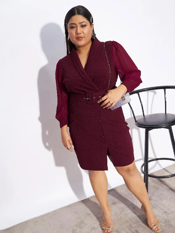 Unlock Huge Savings Now!Women Maroon Front Belt Bodycon Dress