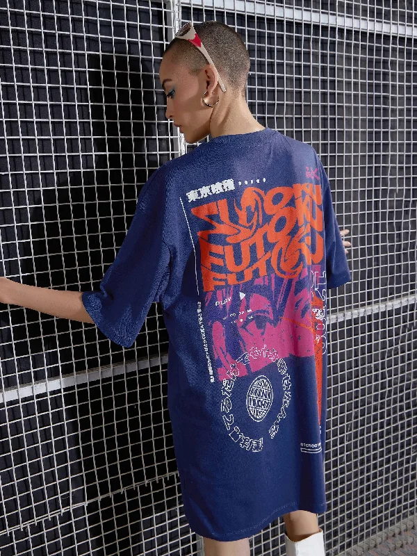 Hottest Discounts of the Year!Women Navy FUTOKU Printed Oversized T-Shirt Dress
