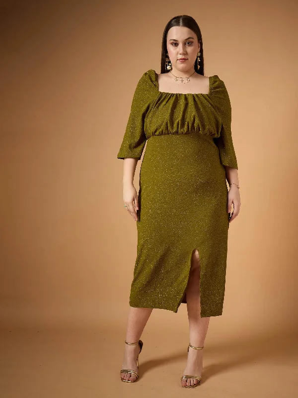 Buy More, Save More!Women Olive Glitter Bust Ruched Bodycon Dress