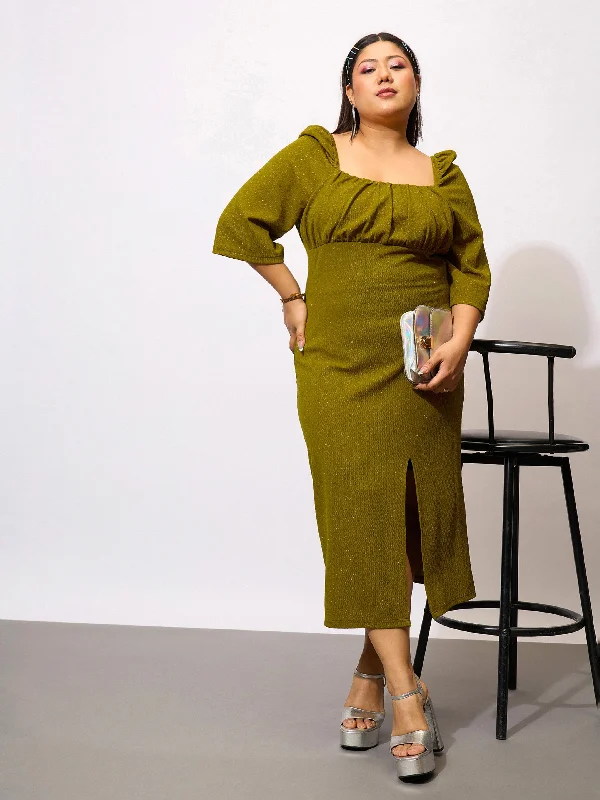 Huge Savings – Act Now!Women Olive Glitter Bust Ruched Bodycon Dress