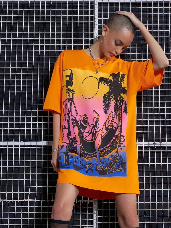 Your Best Deals Are Here!Women Orange FLORIDA Printed Oversized T-Shirt Dress