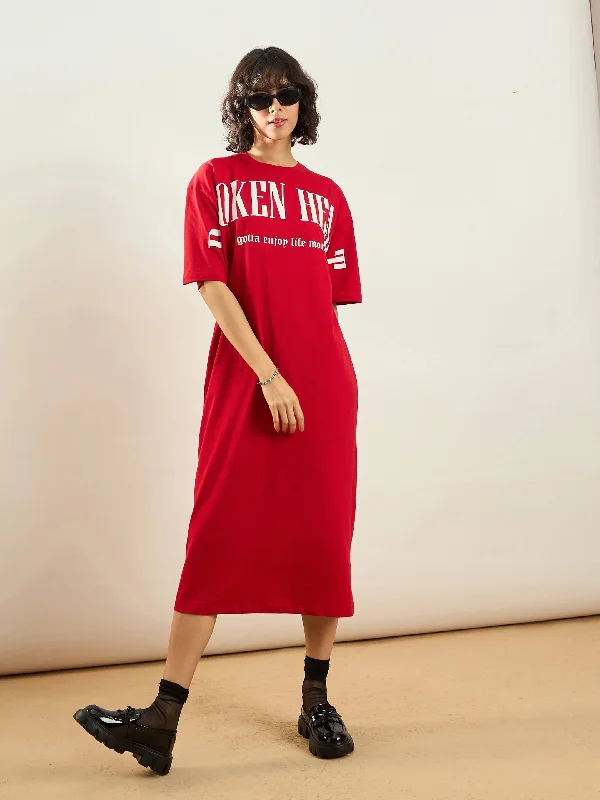 Huge Savings – Act Now!Women Red BROKEN HEART Printed T-Shirt Dress